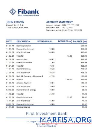 Realistic Bulgaria Fibank bank statement excel template